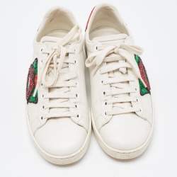 Pre Owned Gucci White Leather Embellished Lip Ace Sneakers Size 36