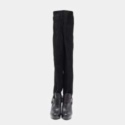 مملوكة مسبقًا Gucci Black Cotton Knit and Leather Over the Knee Length Platform Boots Size 38