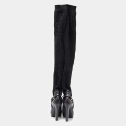 مملوكة مسبقًا Gucci Black Cotton Knit and Leather Over the Knee Length Platform Boots Size 38