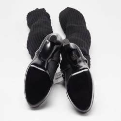 مملوكة مسبقًا Gucci Black Cotton Knit and Leather Over the Knee Length Platform Boots Size 38