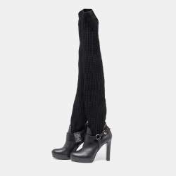مملوكة مسبقًا Gucci Black Cotton Knit and Leather Over the Knee Length Platform Boots Size 38