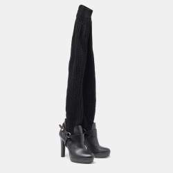 مملوكة مسبقًا Gucci Black Cotton Knit and Leather Over the Knee Length Platform Boots Size 38