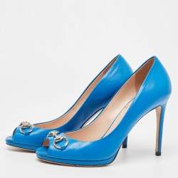 Pre Owned Gucci Blue Leather New Hollywood Platform Pumps Size 38.5
