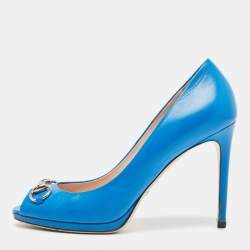 Pre Owned Gucci Blue Leather New Hollywood Platform Pumps Size 38.5