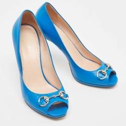 Pre Owned Gucci Blue Leather New Hollywood Platform Pumps Size 38.5