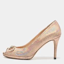 مملوكة مسبقًا Gucci Metallic Pink Laminated Suede New Hollywood Platform Pumps Size 38.5