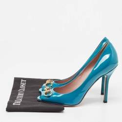 Gucci Teal Patent Leather Horsebit Peep Toe Pumps Size 39