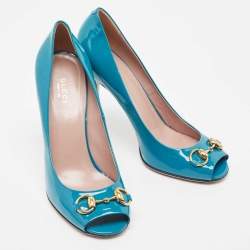 Gucci Teal Patent Leather Horsebit Peep Toe Pumps Size 39