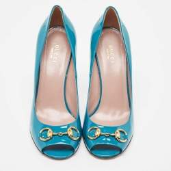 Gucci Teal Patent Leather Horsebit Peep Toe Pumps Size 39