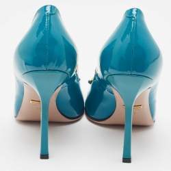 Gucci Teal Patent Leather Horsebit Peep Toe Pumps Size 39