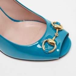 Gucci Teal Patent Leather Horsebit Peep Toe Pumps Size 39