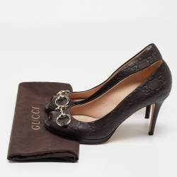 Gucci Dark Brown Guccissima Leather Horsebit Peep Toe Pumps Size 39