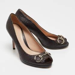 Gucci Dark Brown Guccissima Leather Horsebit Peep Toe Pumps Size 39