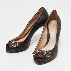 Gucci Dark Brown Guccissima Leather Horsebit Peep Toe Pumps Size 39