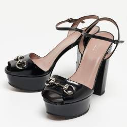 Gucci Black Patent Leather Claudie Platform Sandals Size 37