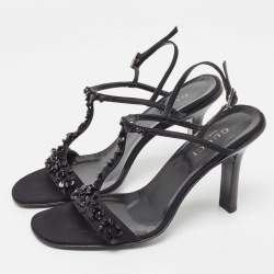 Gucci Black Satin Crystal Embellished Ankle Strap Sandals Size 37.5
