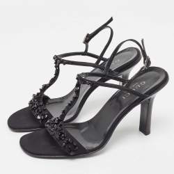 Pre Owned Gucci Black Satin Crystal Embellished Ankle Strap Sandals Size 37.5