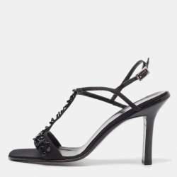 Gucci Black Satin Crystal Embellished Ankle Strap Sandals Size 37.5