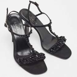 Pre Owned Gucci Black Satin Crystal Embellished Ankle Strap Sandals Size 37.5