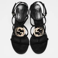 Gucci Black Suede Interlocking G Strappy Sandals Size 38