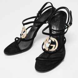 Gucci Black Suede Interlocking G Strappy Sandals Size 38