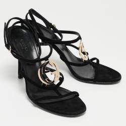 Gucci Black Suede Interlocking G Strappy Sandals Size 38