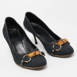 Gucci Navy Blue Canvas Bambo Horsebit Pumps Size 39