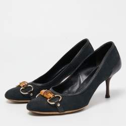 Gucci Navy Blue Canvas Bambo Horsebit Pumps Size 39