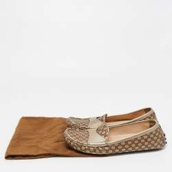 Pre Owned Gucci Metallic/Brown Leather Slip On Loafers Size 38