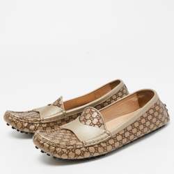 Pre Owned Gucci Metallic/Brown Leather Slip On Loafers Size 38