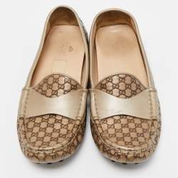 Pre Owned Gucci Metallic/Brown Leather Slip On Loafers Size 38
