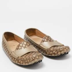 Pre Owned Gucci Metallic/Brown Leather Slip On Loafers Size 38