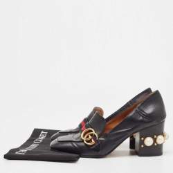 Pre Owned Gucci Black Leather Pearl Embellished Double G Web Mid Heel Loafer Pumps Size 39.5