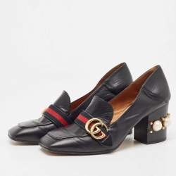 Pre Owned Gucci Black Leather Pearl Embellished Double G Web Mid Heel Loafer Pumps Size 39.5