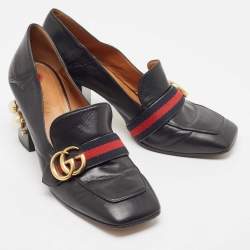 Pre Owned Gucci Black Leather Pearl Embellished Double G Web Mid Heel Loafer Pumps Size 39.5