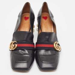 Pre Owned Gucci Black Leather Pearl Embellished Double G Web Mid Heel Loafer Pumps Size 39.5