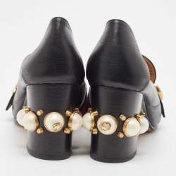 Pre Owned Gucci Black Leather Pearl Embellished Double G Web Mid Heel Loafer Pumps Size 39.5