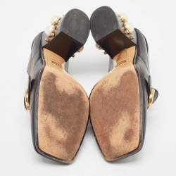 Pre Owned Gucci Black Leather Pearl Embellished Double G Web Mid Heel Loafer Pumps Size 39.5