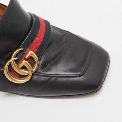 Pre Owned Gucci Black Leather Pearl Embellished Double G Web Mid Heel Loafer Pumps Size 39.5