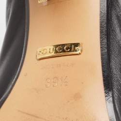 Pre Owned Gucci Black Leather Pearl Embellished Double G Web Mid Heel Loafer Pumps Size 39.5