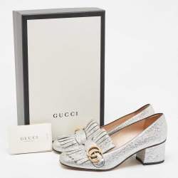 Pre Owned Gucci Silver Foil Leather GG Marmont Fringe Block Heel Pumps Size 37.5