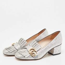 Pre Owned Gucci Silver Foil Leather GG Marmont Fringe Block Heel Pumps Size 37.5