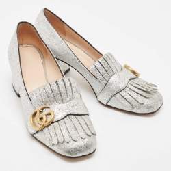 Pre Owned Gucci Silver Foil Leather GG Marmont Fringe Block Heel Pumps Size 37.5