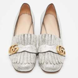 Pre Owned Gucci Silver Foil Leather GG Marmont Fringe Block Heel Pumps Size 37.5