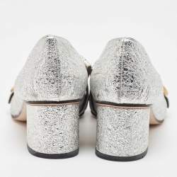Pre Owned Gucci Silver Foil Leather GG Marmont Fringe Block Heel Pumps Size 37.5