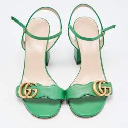 Gucci Green Leather GG Marmont Block Heel Ankle Strap Sandals Size 36