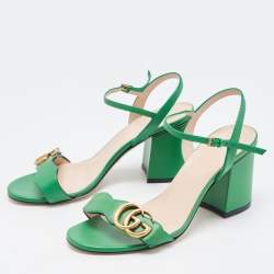 Gucci Green Leather GG Marmont Block Heel Ankle Strap Sandals Size 36