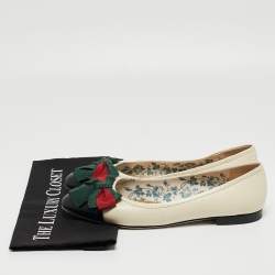 Pre Owned Gucci Cream/Black Leather Web Accent Ballet Flats Size 41