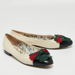 Pre Owned Gucci Cream/Black Leather Web Accent Ballet Flats Size 41