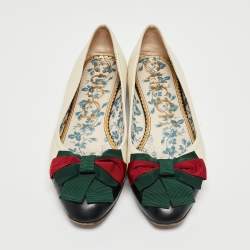 Pre Owned Gucci Cream/Black Leather Web Accent Ballet Flats Size 41